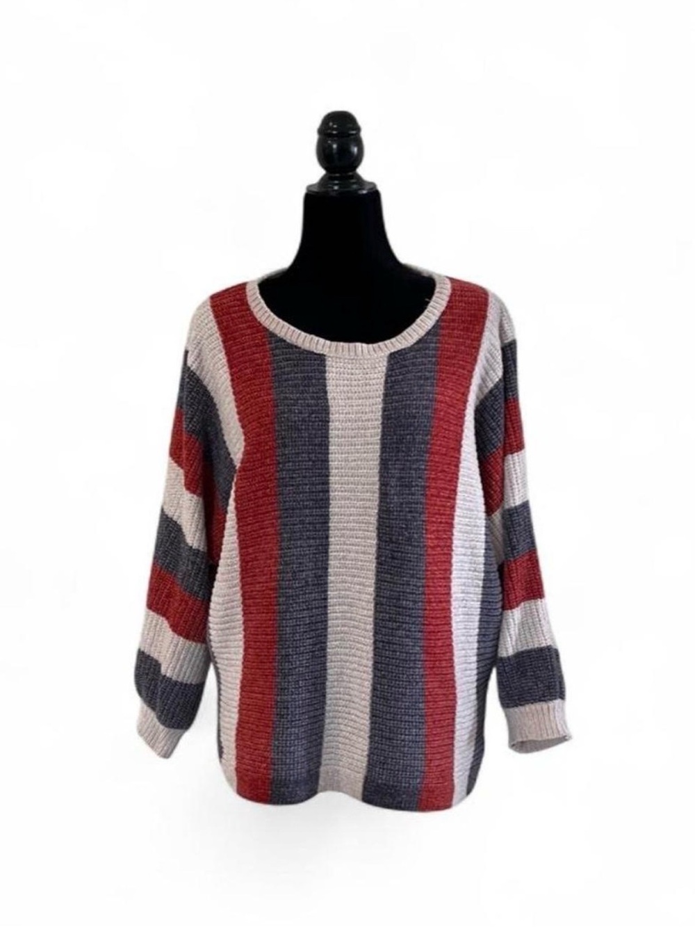 Solitaire Striped Crewneck Sweater in Red, Gray & Cream